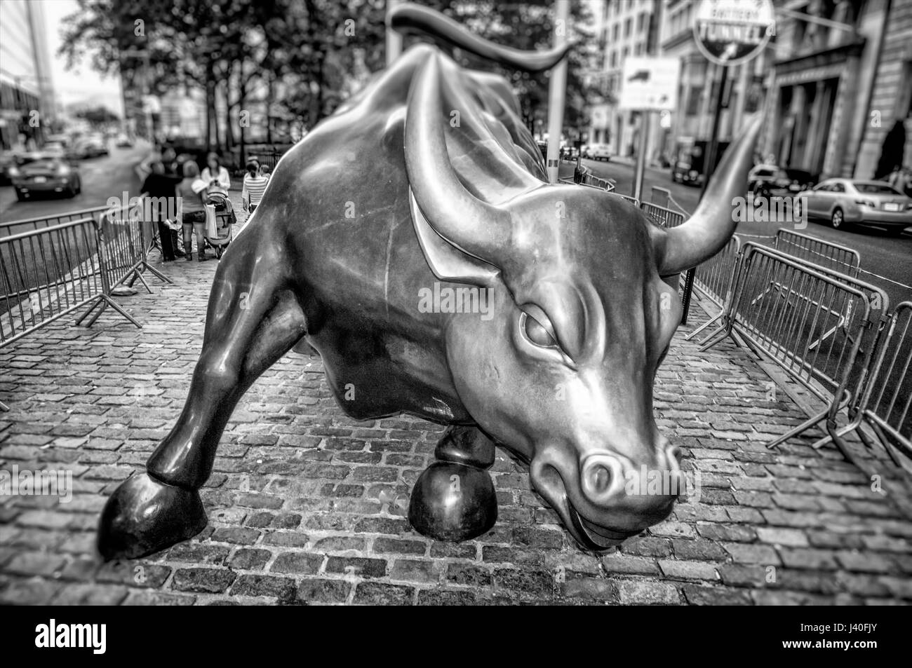 Wall Street bull sculpture , black & white , Manhattan, New York City Stock Photo