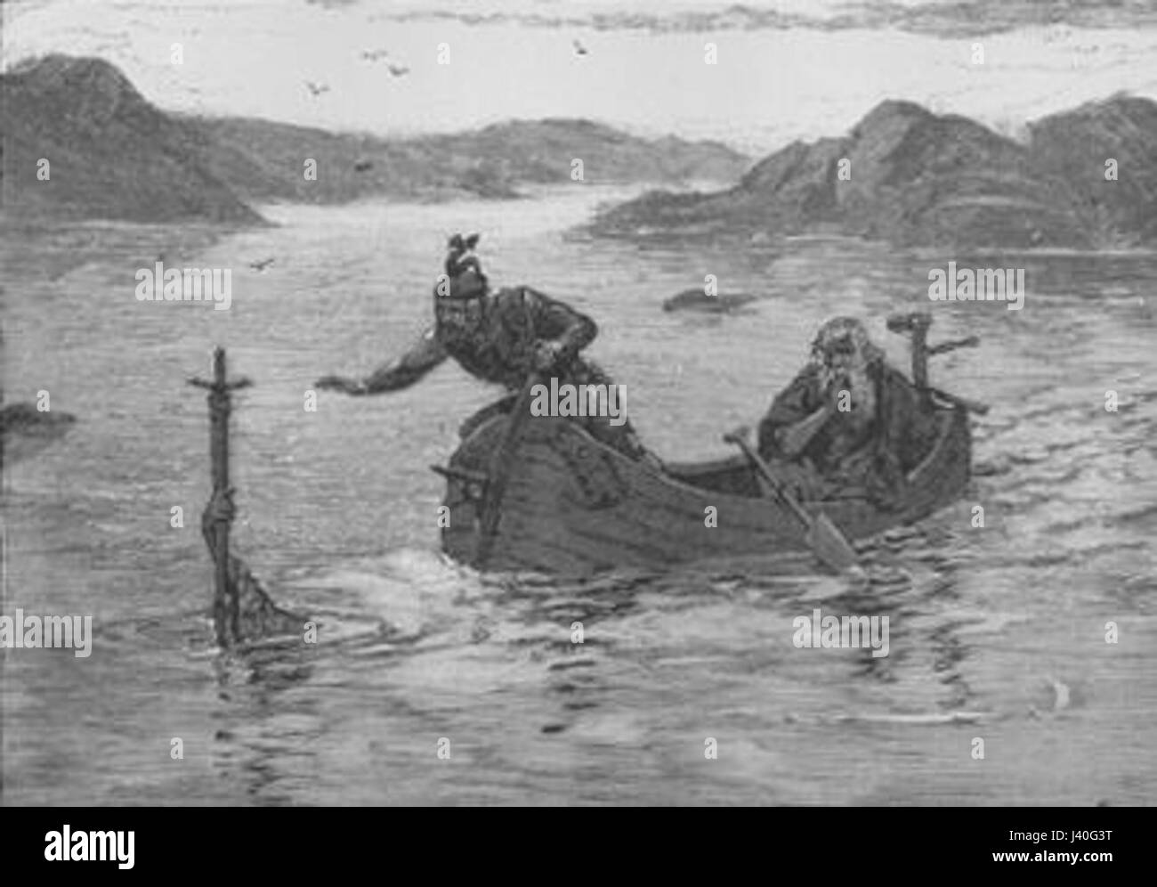 The 'Lady of the Lake' is a legendary figure often depicted in various myths, particularly from Arthurian legend. She is known for her role in bestowing Excalibur upon King Arthur and is a symbol of mystery and power in medieval tales. Stock Photo
