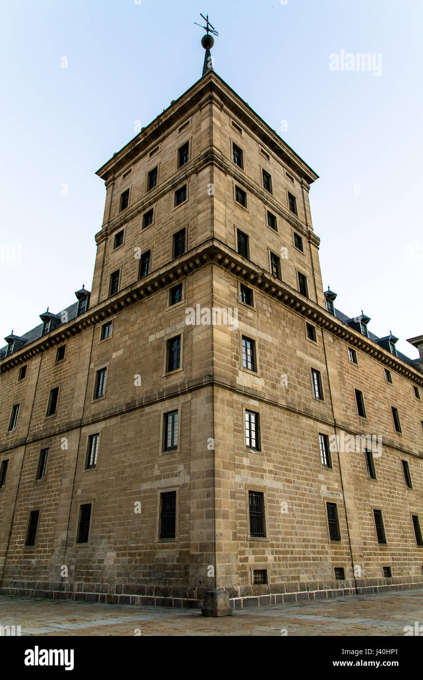Low Angle View of El Escorial Monastery Tower Facade Stock Photo