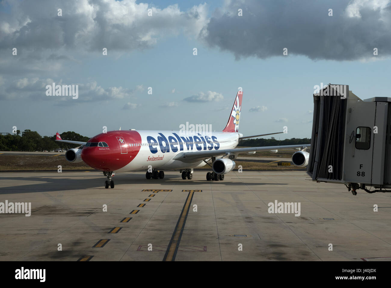 A Swiss A 340 Airbus passenger jet approaching a stand and jetway at Tampa International Airport Florida. May 2017. Stock Photo