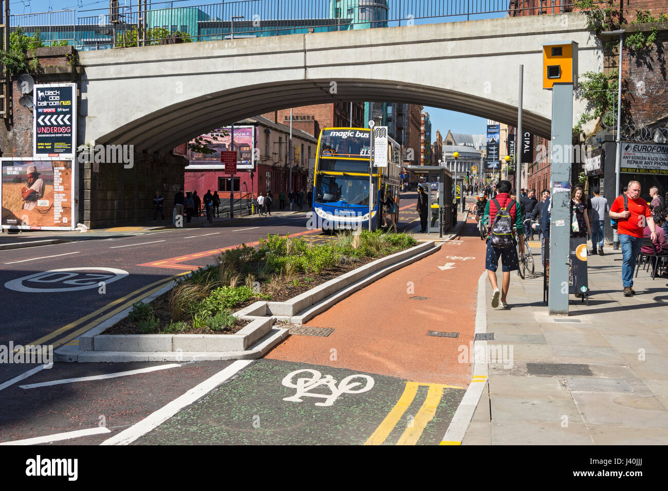 Segregated cycle lane on Oxford Road, Manchester, England, UK Stock Photo