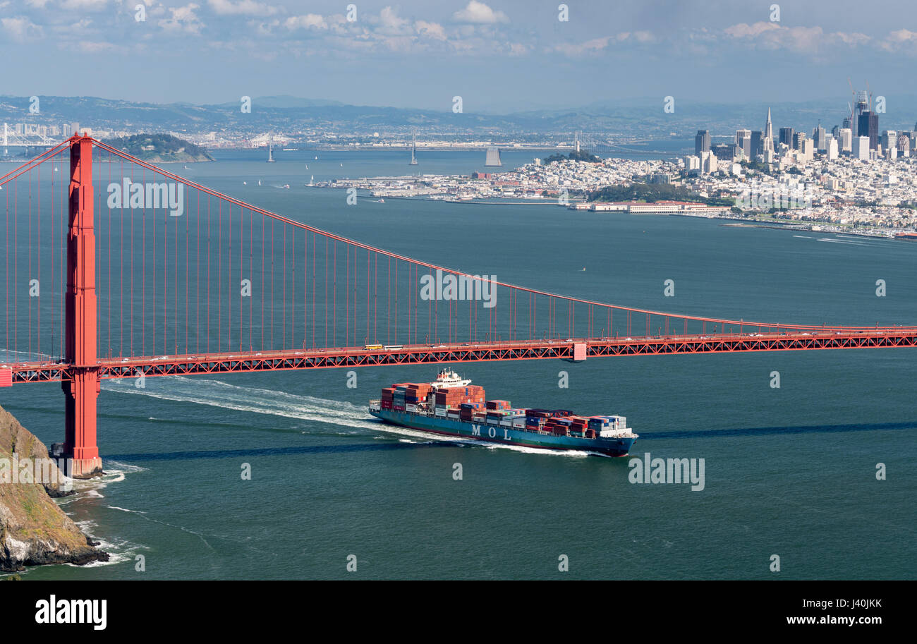 MOL Guardian Container ship entering San Francisco Bay under Golden Gate Bridge Stock Photo