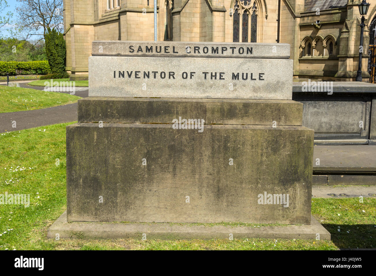 The grave of Samuel Crompton, inventor of the spinning mule, at St. Peter's Church, Bolton, Manchester, England, UK. Stock Photo