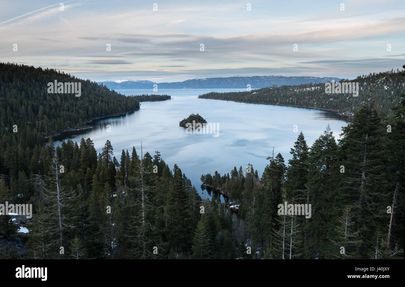 Emerald Bay on Lake Tahoe with snow on mountains Stock Photo