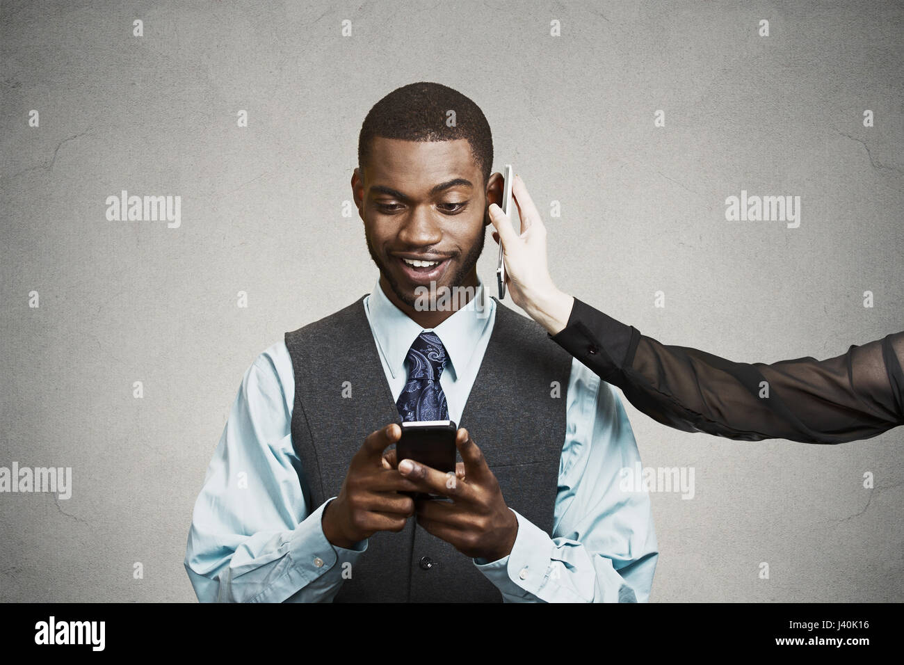 Closeup portrait happy smiling corporate business man reading good news ...