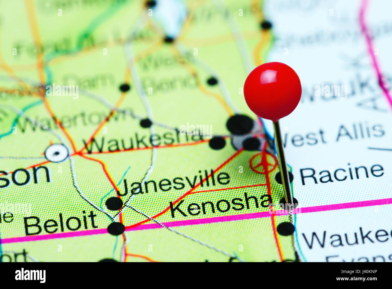 Kenosha pinned on a map of Wisconsin, USA Stock Photo