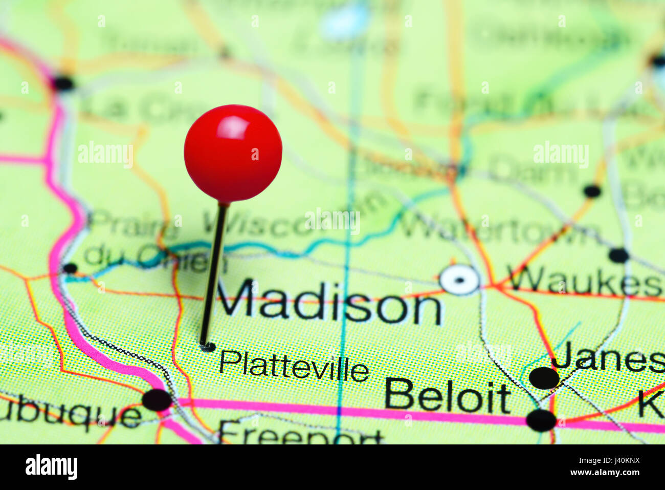 Platteville pinned on a map of Wisconsin, USA Stock Photo Alamy