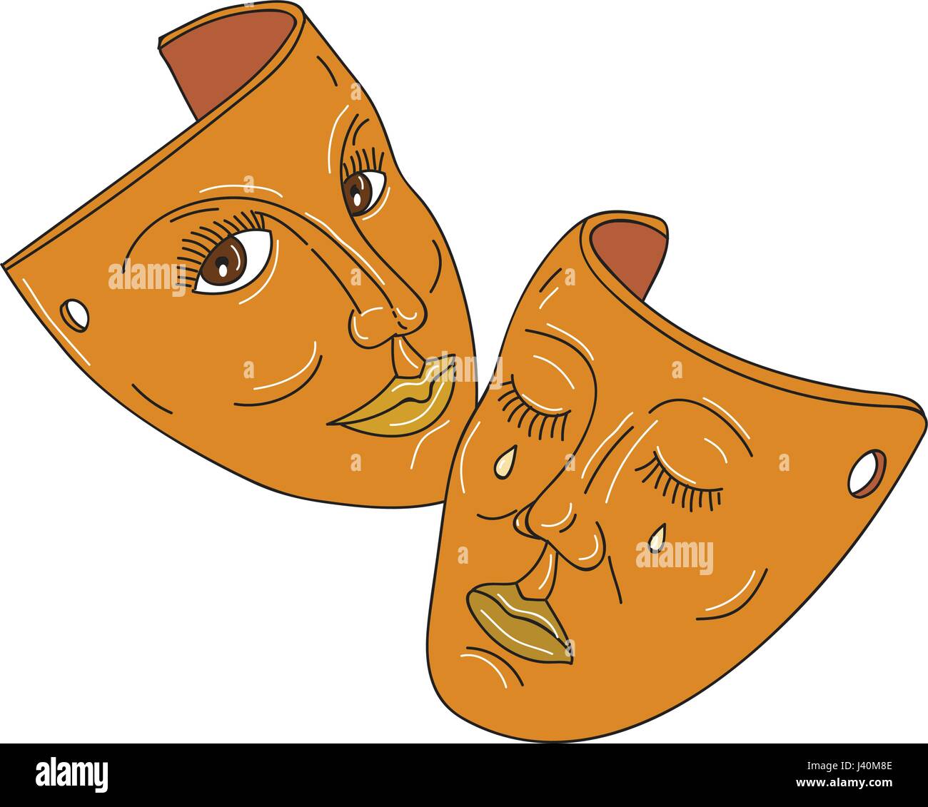 Mono line style illustration showing the two masks associated with drama representing the traditional generic division between comedy and tragedy usin Stock Vector