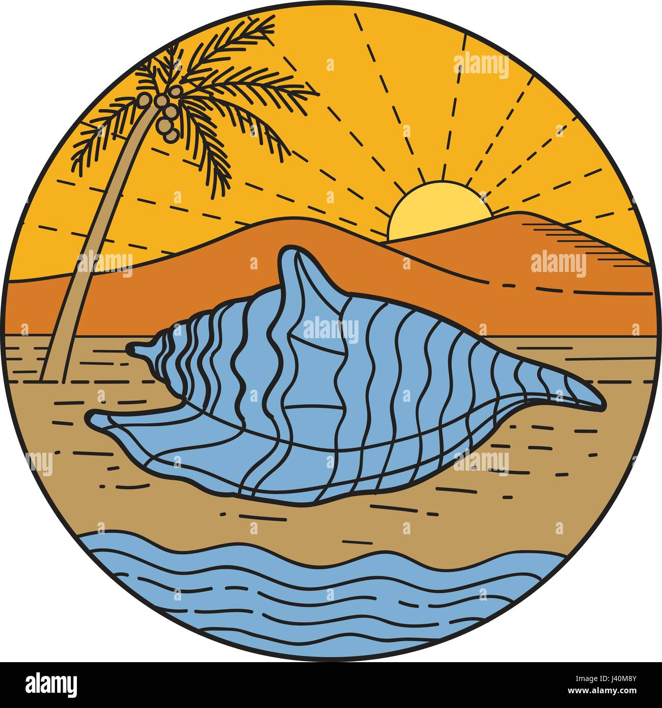 Mono line style illustration foa conch shell laying on beach with mountain, sun and coconut tree in the background set inside circle. Stock Vector