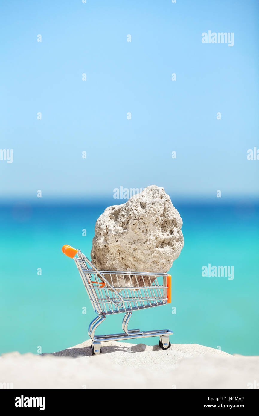Piece of a coral in a shopping cart miniature on a beach, endangered species smuggling or environment degradation concept. Stock Photo