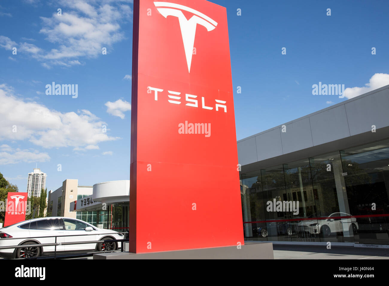 Tesla electric cars showroom and cars in St Leonards,Sydney,Australia Stock Photo