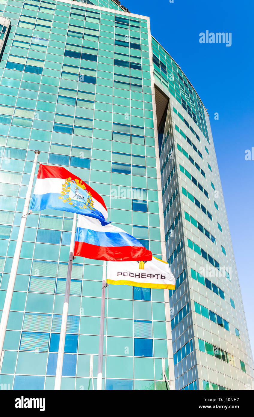 Samara, Russia May 7, 2017 Flags of Samara region, Russia and oil