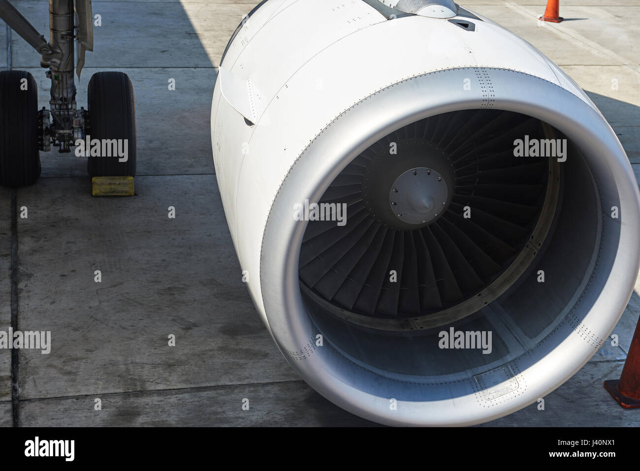 Big airplane turbine engine of modern passenger jet Stock Photo