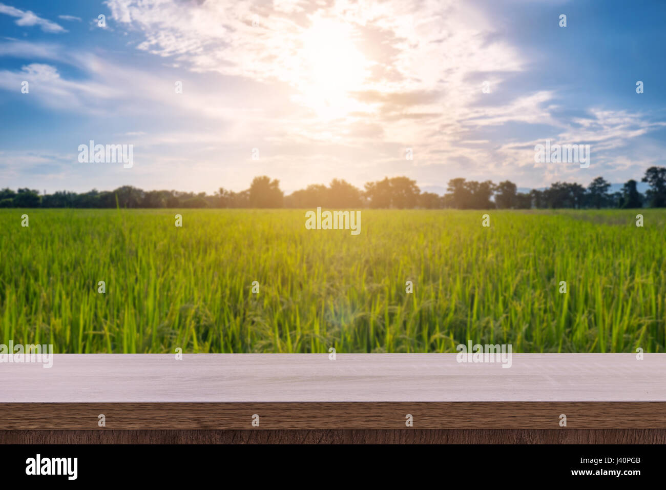 wood table and space for product display montage with rice field and ...