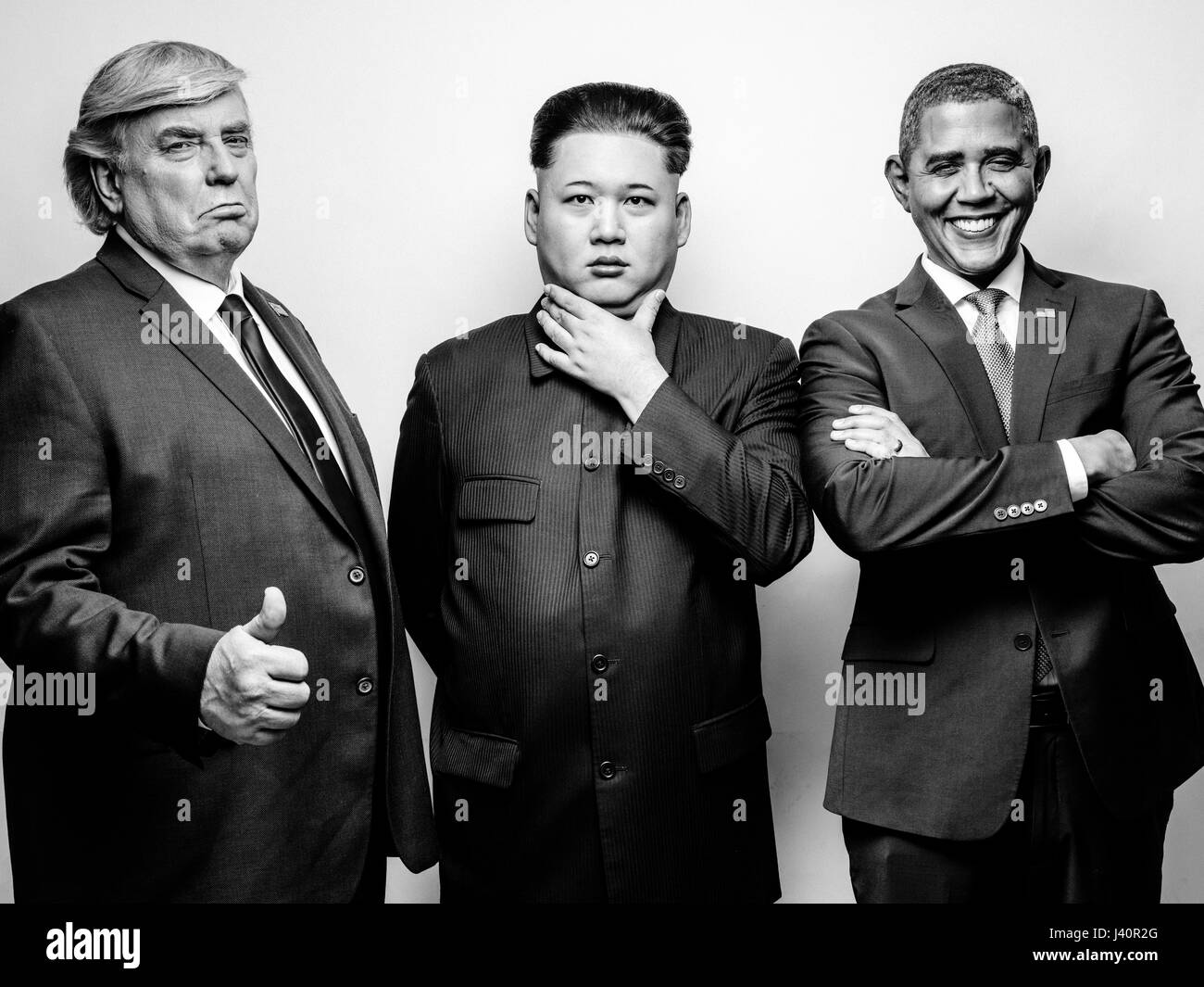 President Donald J Trump, President Barack Obama and Supreme Leader of North Korea Kim Jong-Un lookalikes meet for a photoshoot in Hong Kong. Stock Photo