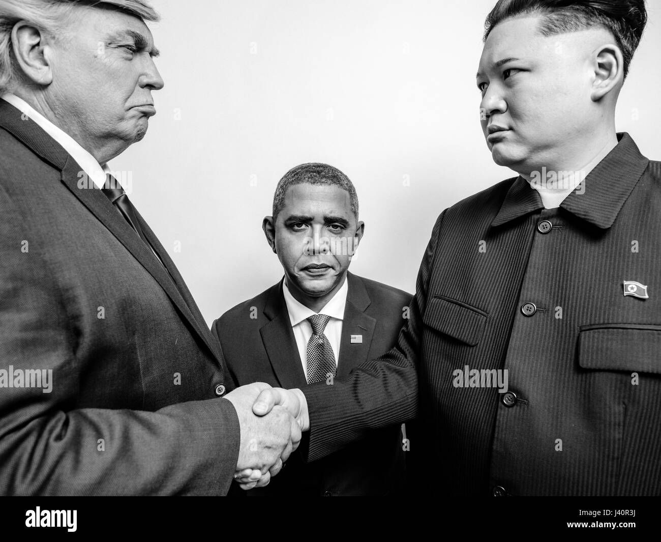 President Donald J Trump, President Barack Obama and Supreme Leader of North Korea Kim Jong-Un lookalikes meet for a photoshoot in Hong Kong. Stock Photo