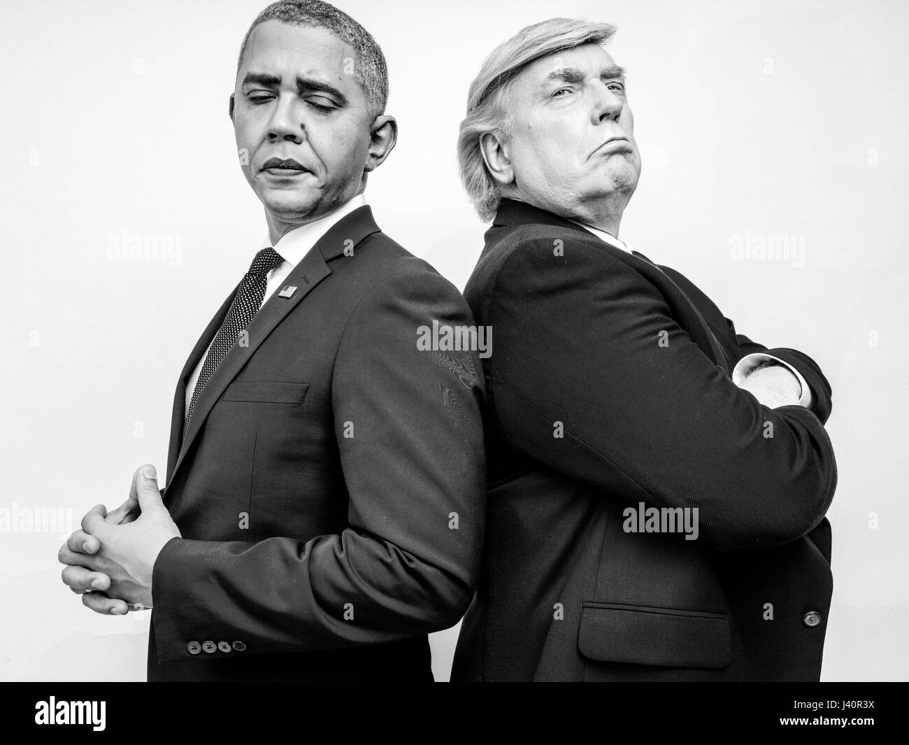 President Donald J Trump and President Obama lookalikes meet for a studio shoot in Hong Kong. Stock Photo