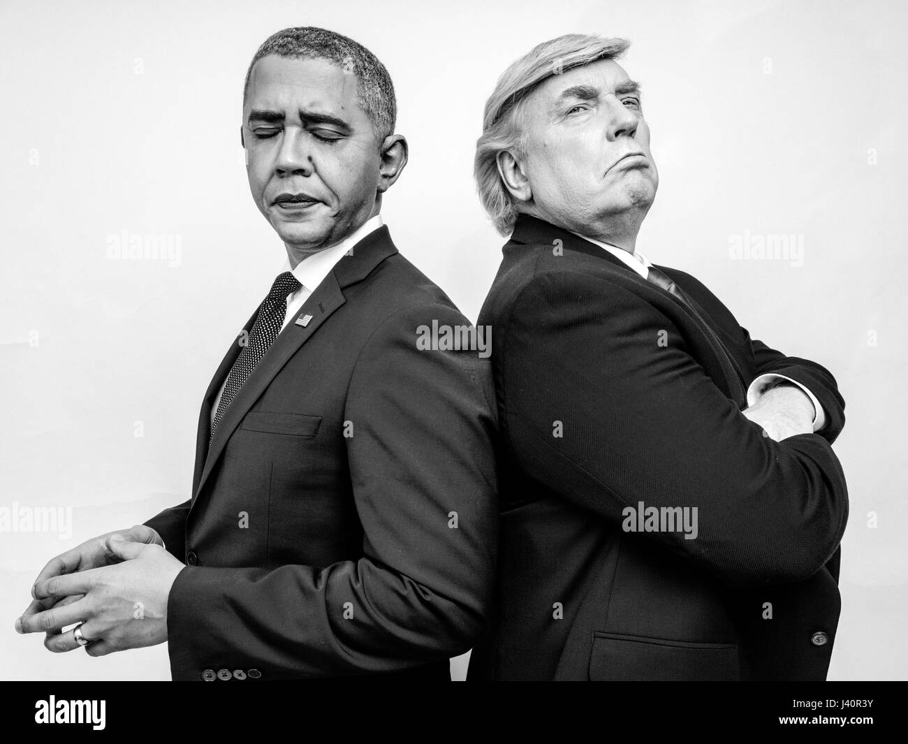 President Donald J Trump and President Obama lookalikes meet for a studio shoot in Hong Kong. Stock Photo