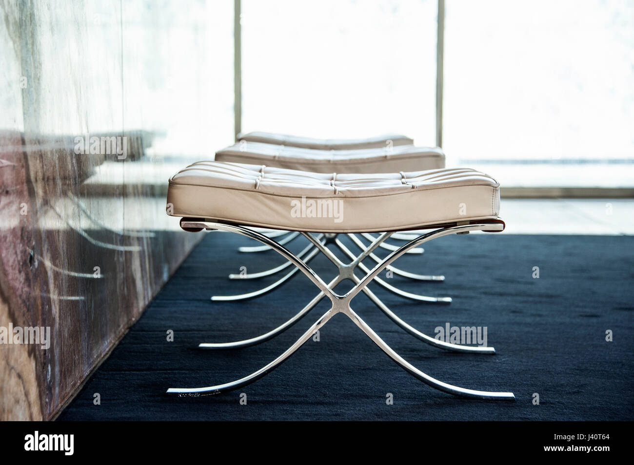 Barcelona chairs in the Mies van der Rohe Pavilion by German architect Ludwig Mies van der Rohe