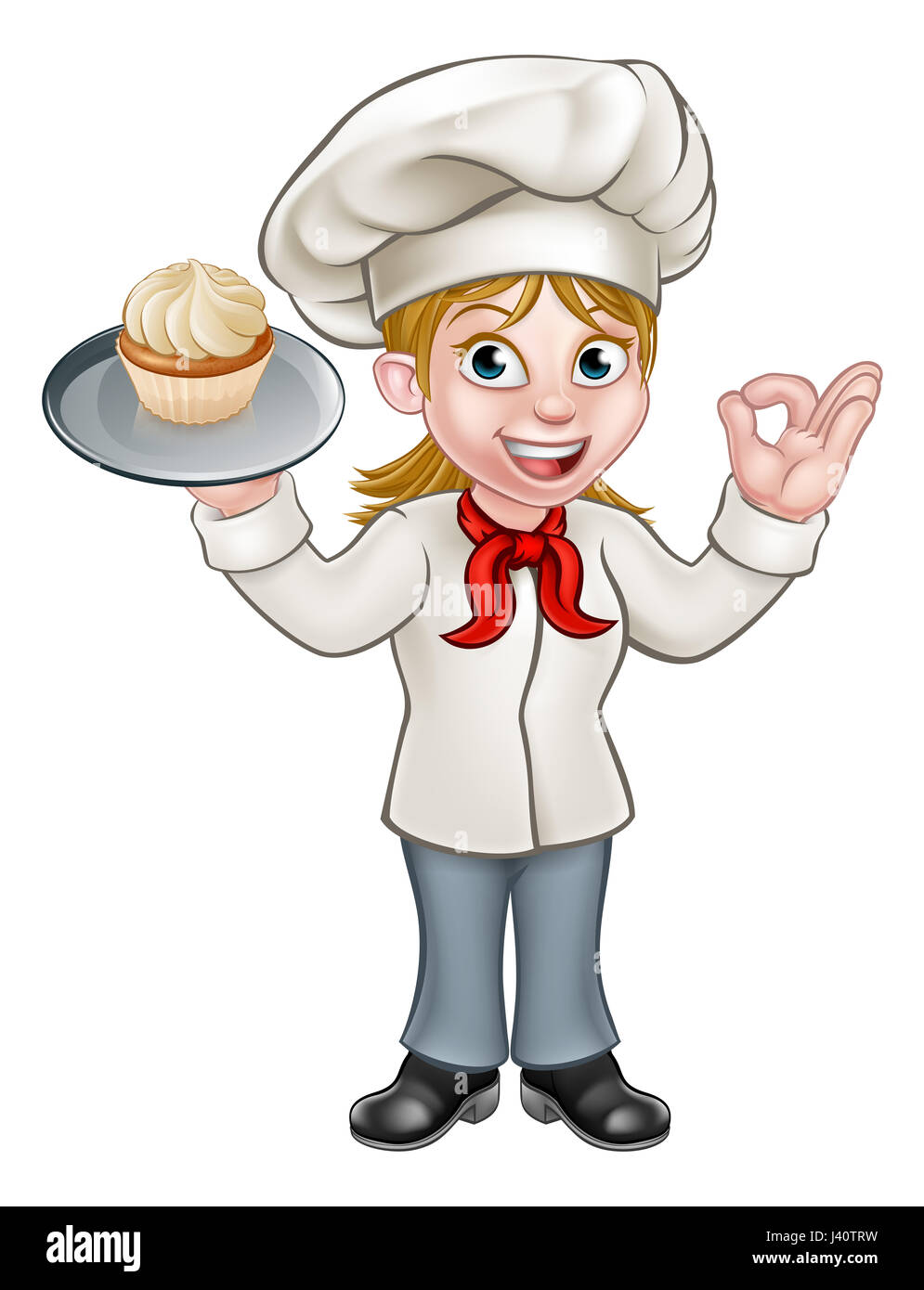 A cartoon woman pastry chef or baker character holding a plate with a cupcake or fairy cake on it Stock Photo