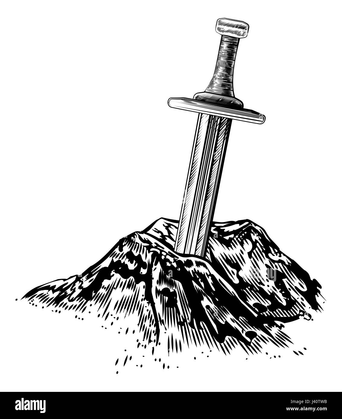A vintage style illustration of  Excalibur the sword in the stone from the Arthurian legends Stock Photo