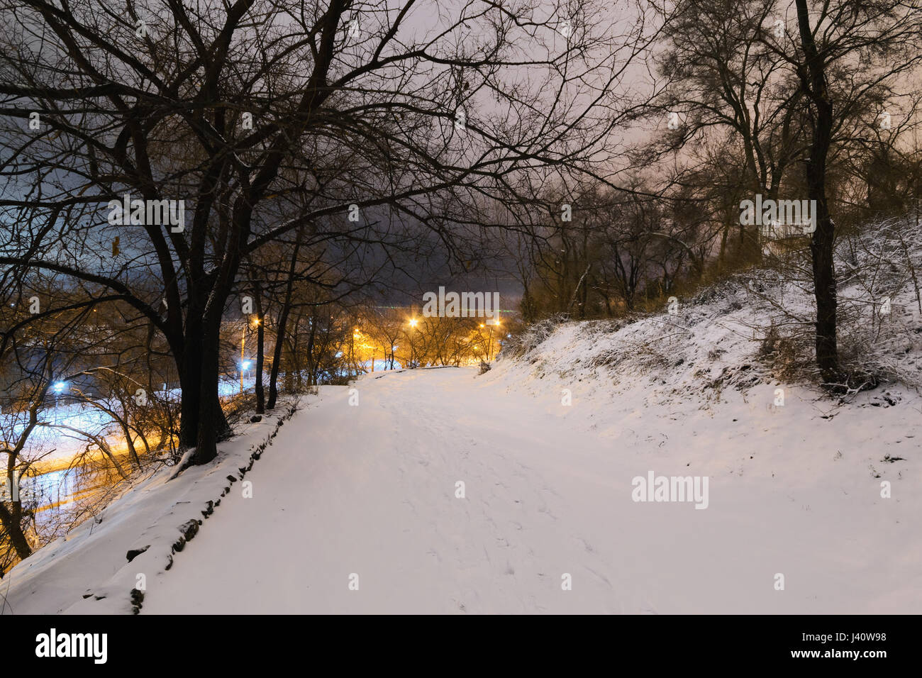 Snow covered path lit by street lights in night Stock Photo - Alamy