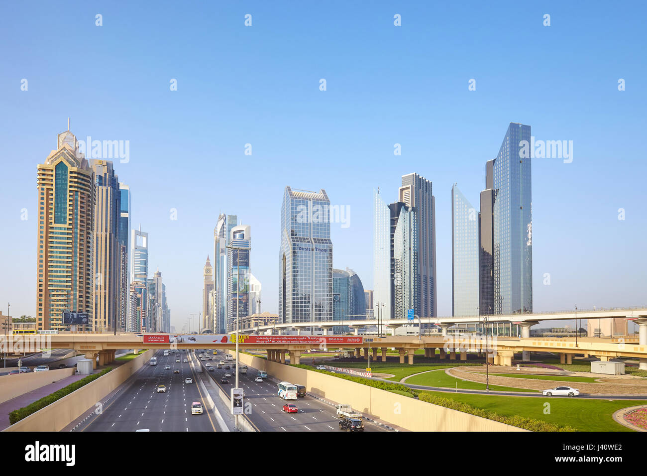 Dubai, United Arab Emirates - May 03, 2017: City downtown with skyscrapers and extensive road infrastructure. Stock Photo