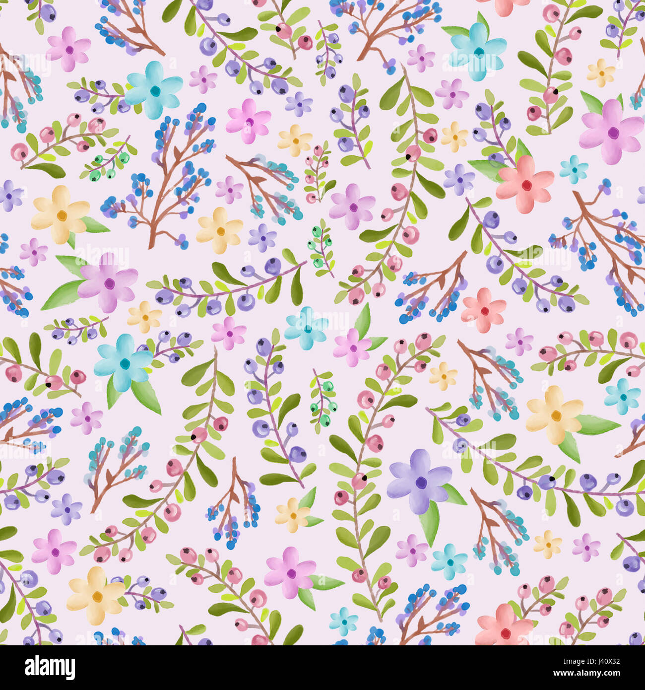 Seamless pastel twigs and floral watercolor pattern on light pink ...