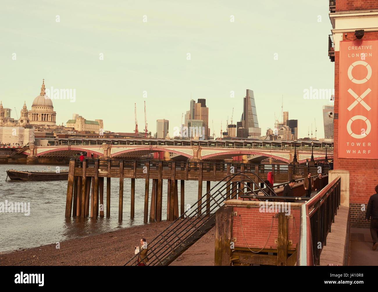Oxo Tower Wharf, Thames Path and Blackfriars Bridge, South Bank, Southwark, London, England Stock Photo