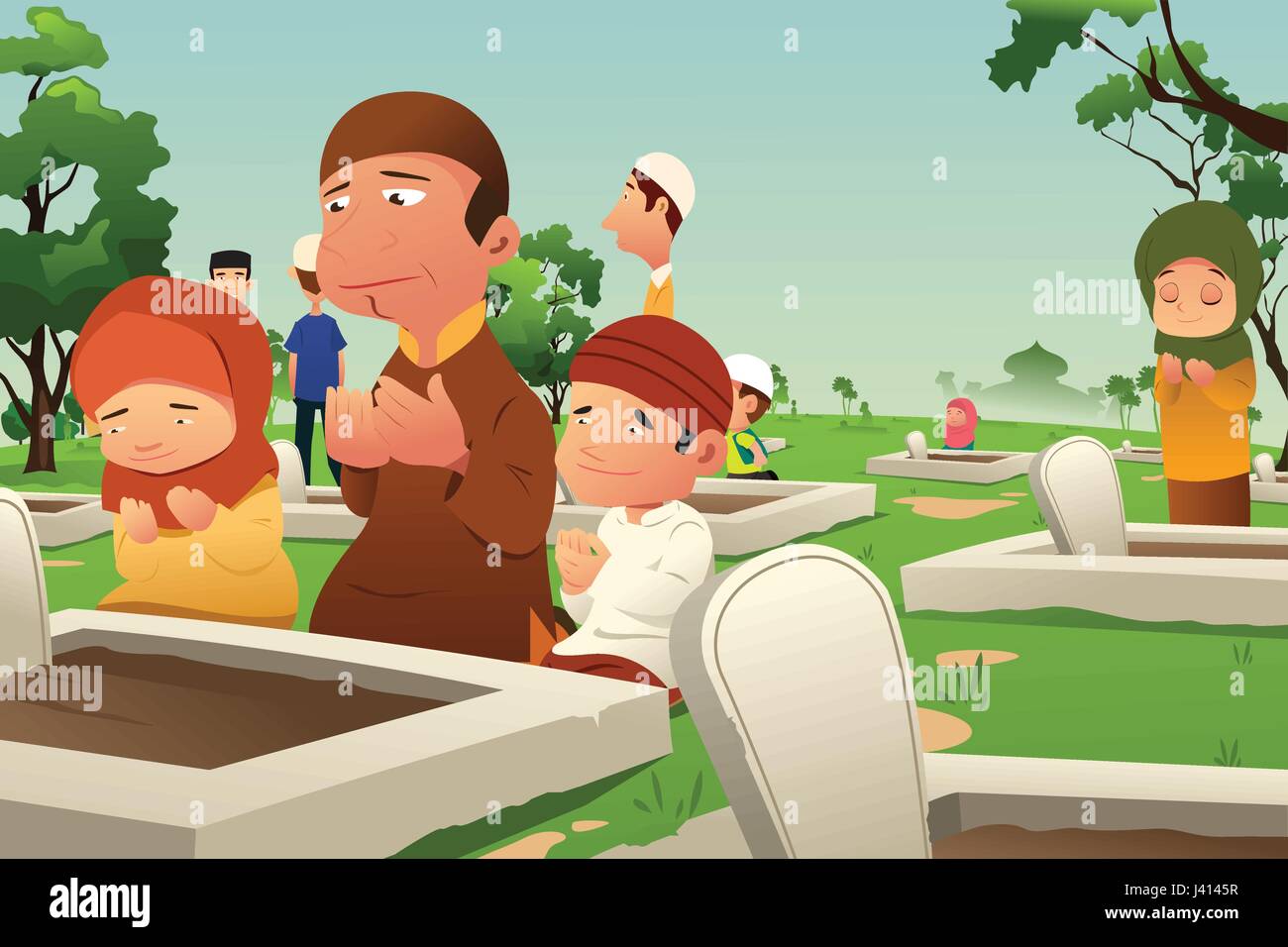 A vector illustration of Muslims Visiting and Praying at Cemetery Stock Vector