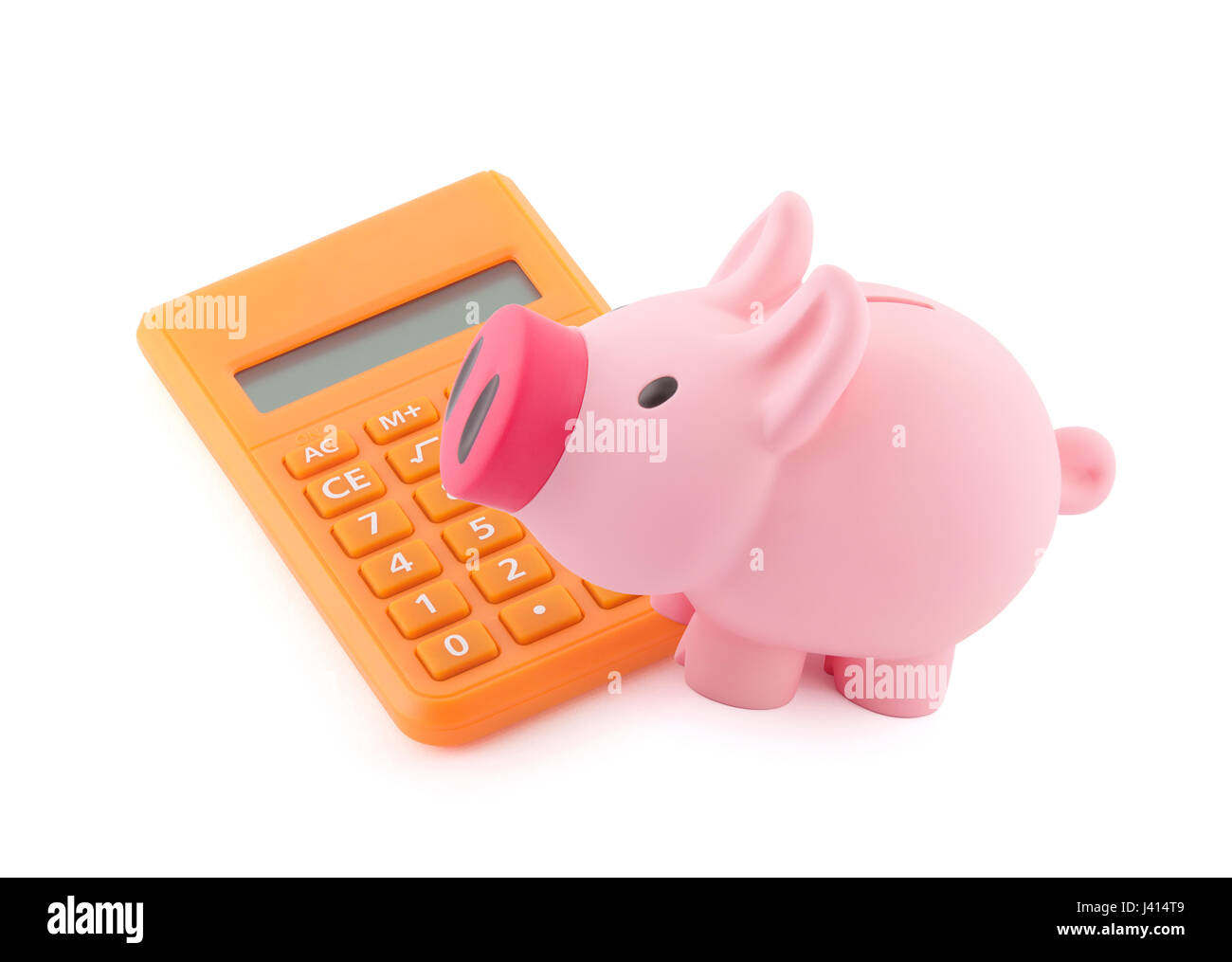 Piggy bank with orange calculator Stock Photo - Alamy