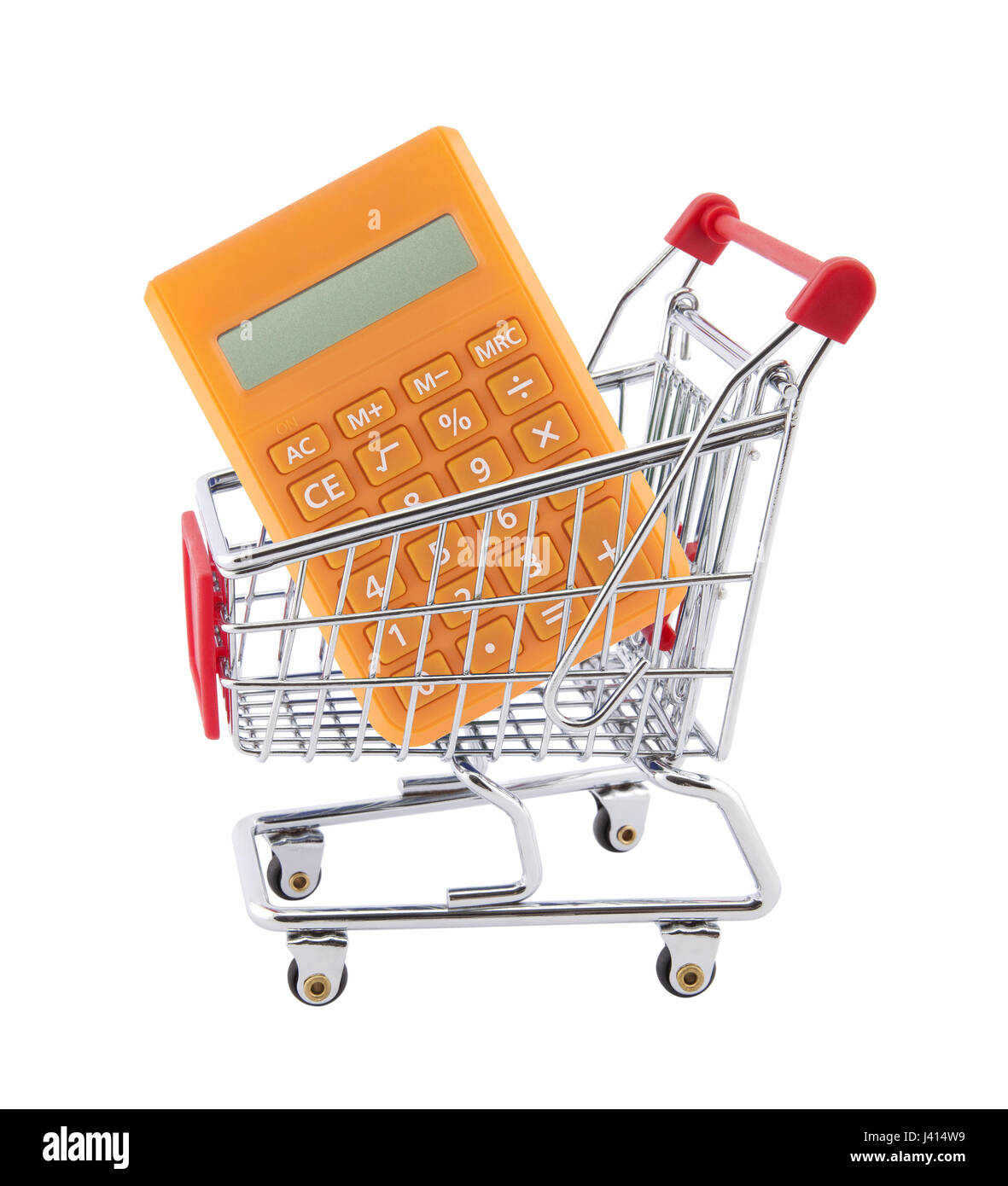 Shopping cart with orange calculator isolated on white background Stock Photo