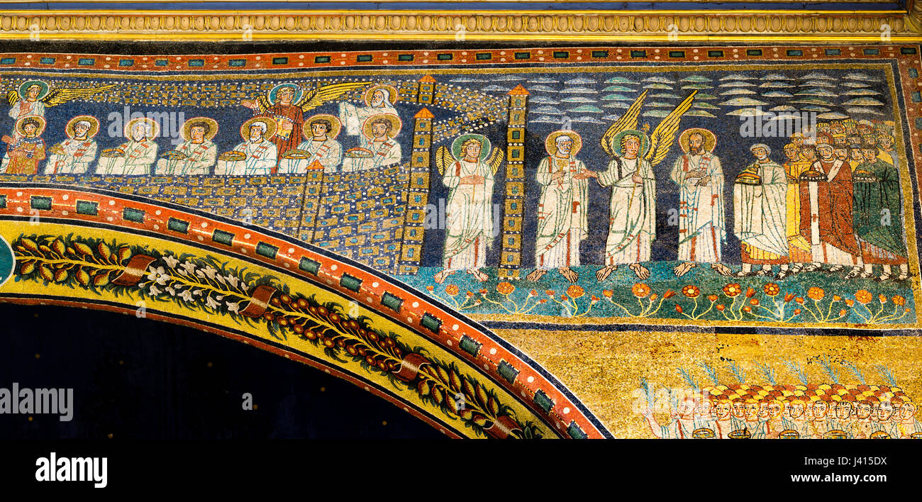Angels and saints gathering i heaven. A mosaic in the basilica of Santa Prassede, Rome - May 3, 2017 Stock Photo