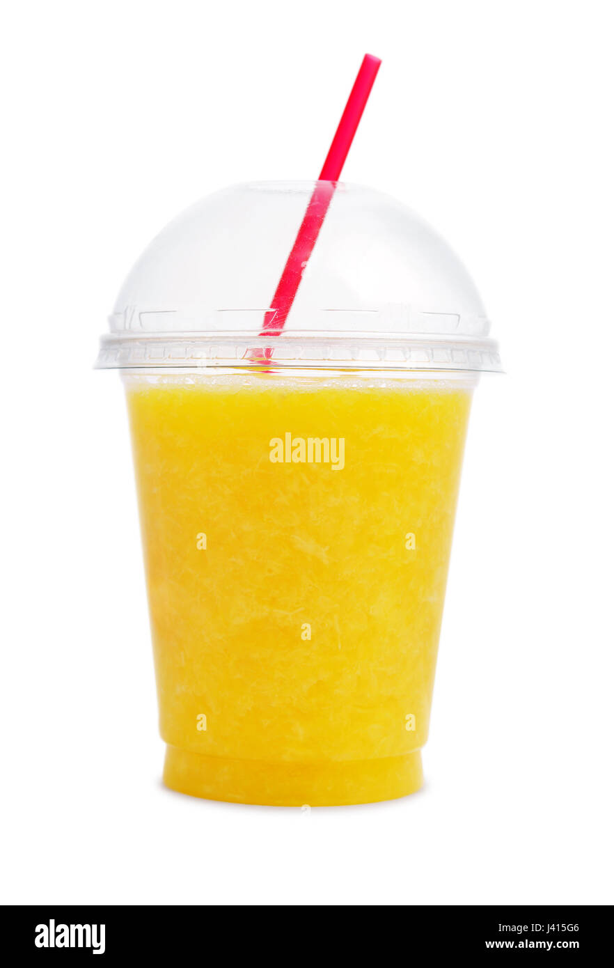 Download Orange Smoothie In Plastic Transparent Cup Isolated On White Stock Photo Alamy PSD Mockup Templates