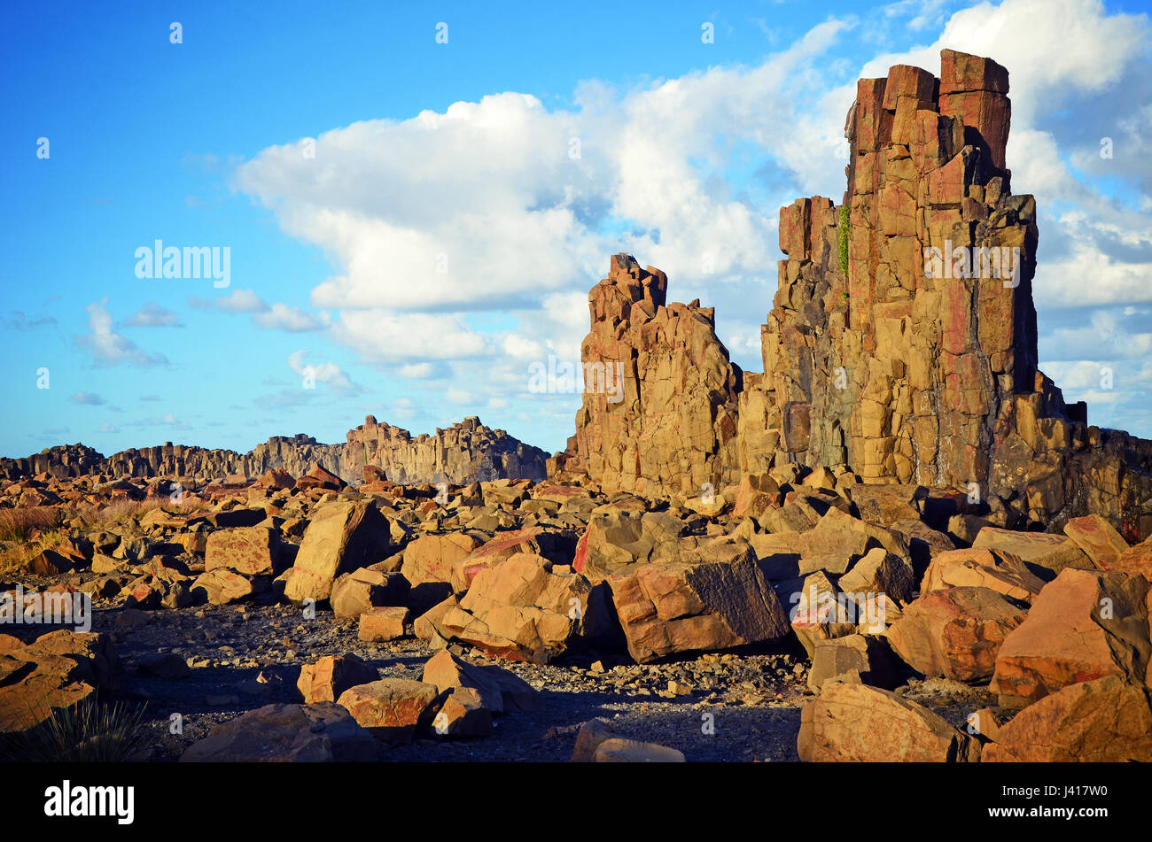 Surreal landscape of basalt rock formations at Bombo Headland quarry, New South Wales coast, Australia Stock Photo