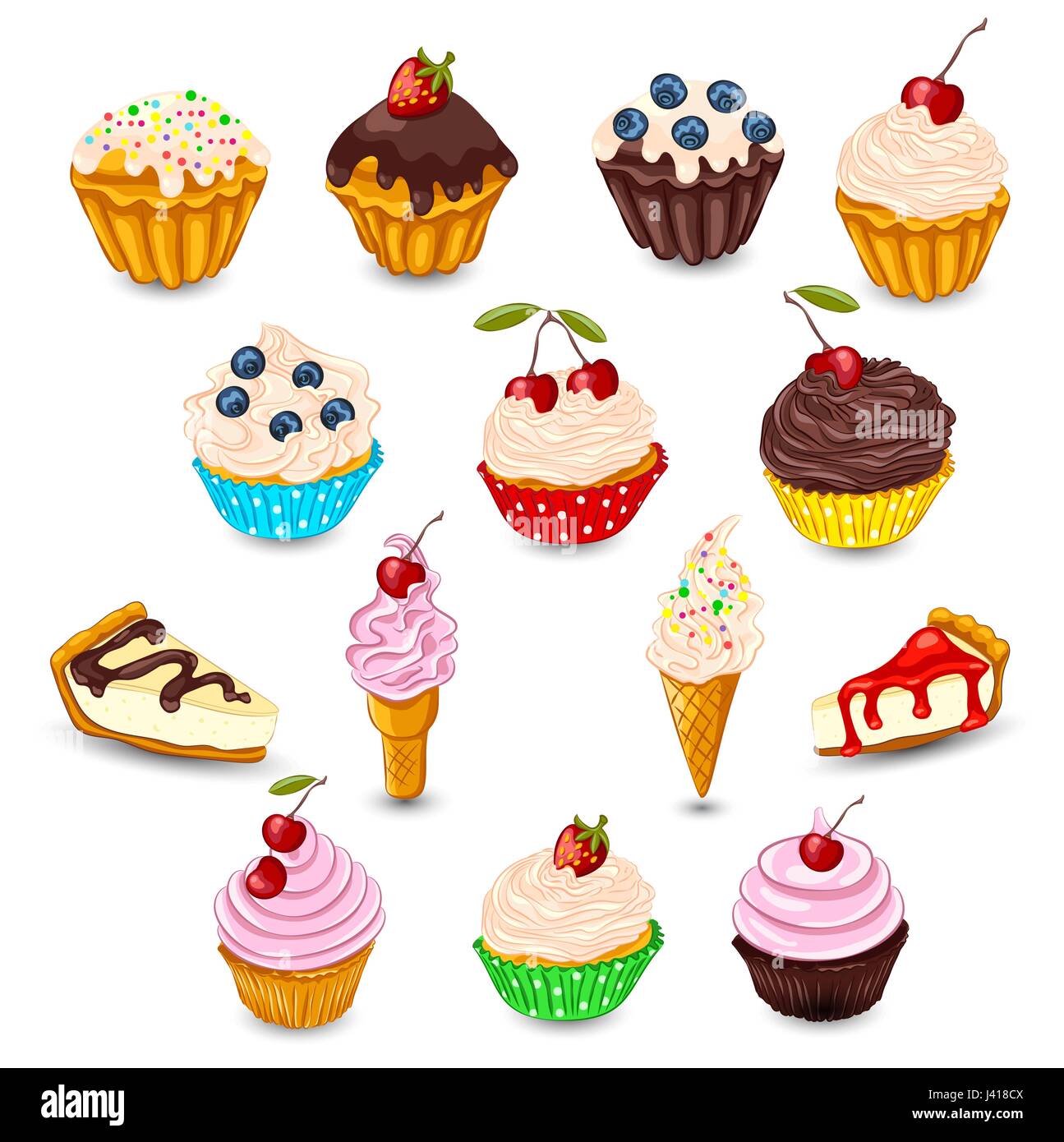 Set of vector cupcake, muffin, cheesecake, ice cream with fresh berries isolated on white. Sweet desserts as unhealthy food concept. Stock Vector