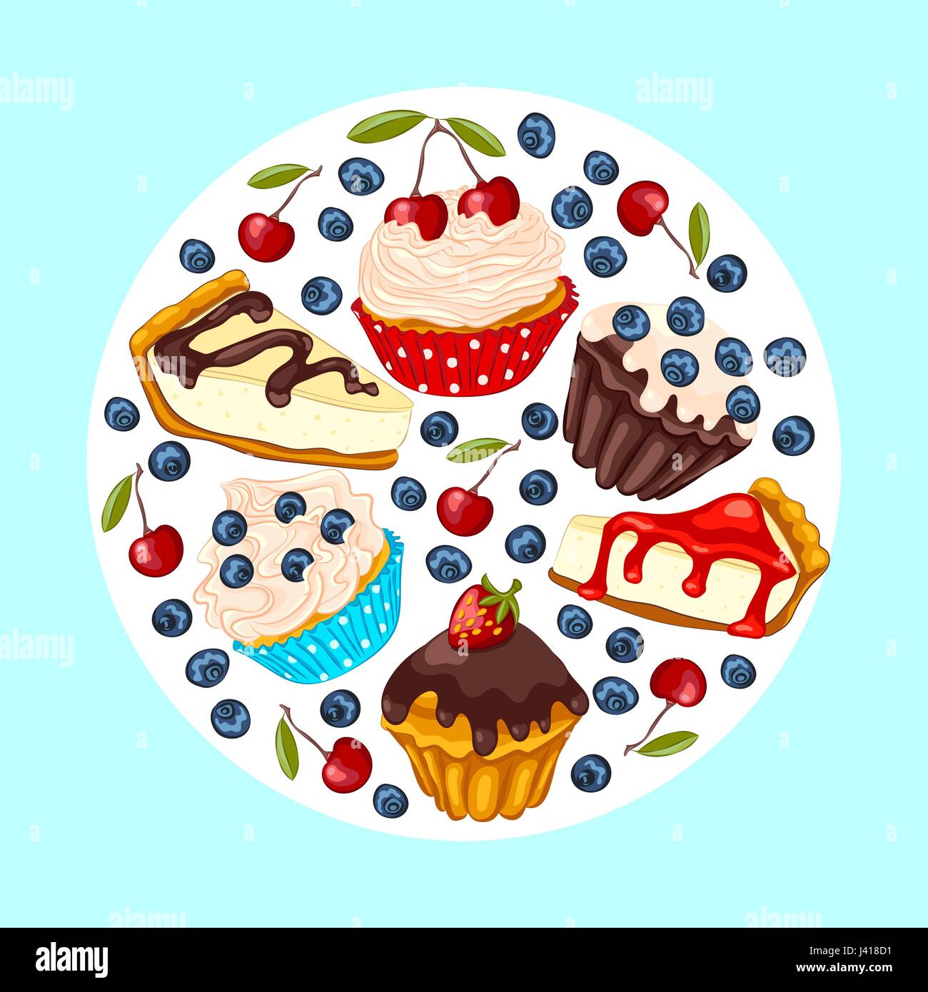 Cupcake, muffin, cheesecake with fresh berry isolated on white. Set of vector sweet dessert. Birthday greeting card or invitation template. Stock Vector