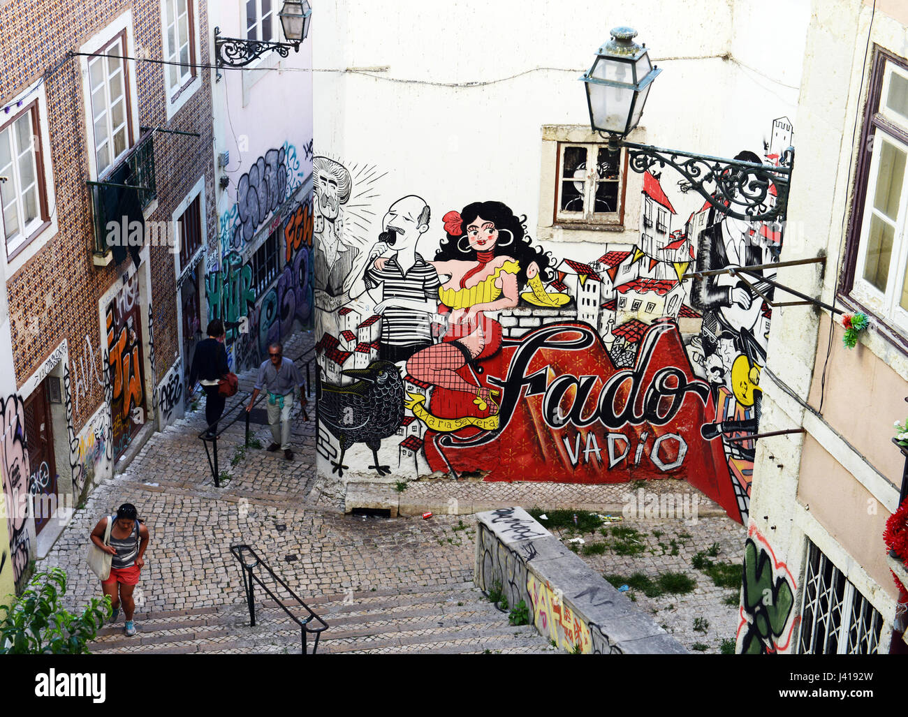 Colorful street scenes in the old neighborhood of Alfama, Lisbon. Stock Photo