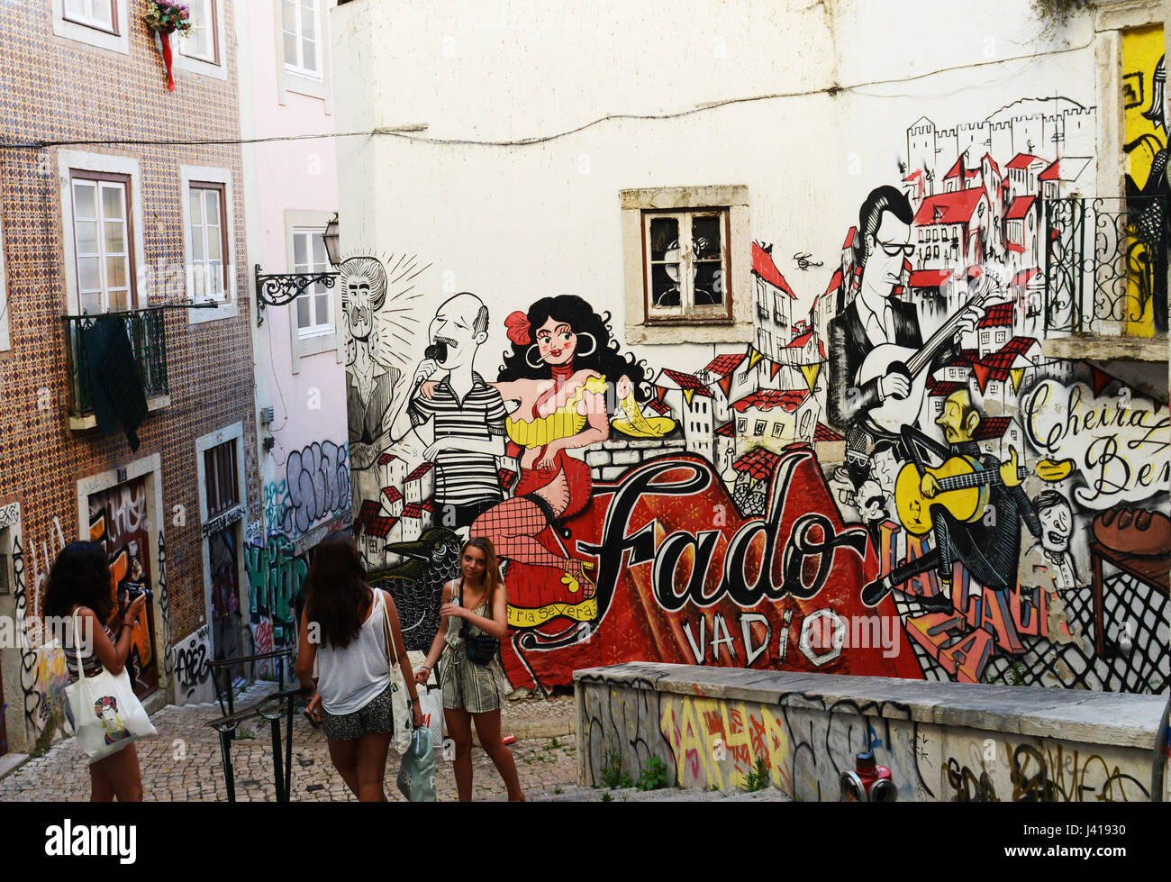 Colorful street scenes in the old neighborhood of Alfama, Lisbon. Stock Photo