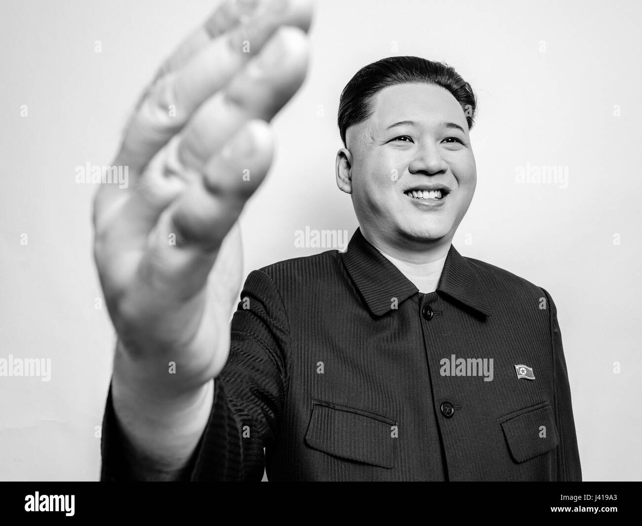Supreme Leader of North Korea Kim Jong Un lookalike during his visit to Hong Kong.  Kim Jong-Un posed for studio portraits and met Obama and Trump. Stock Photo
