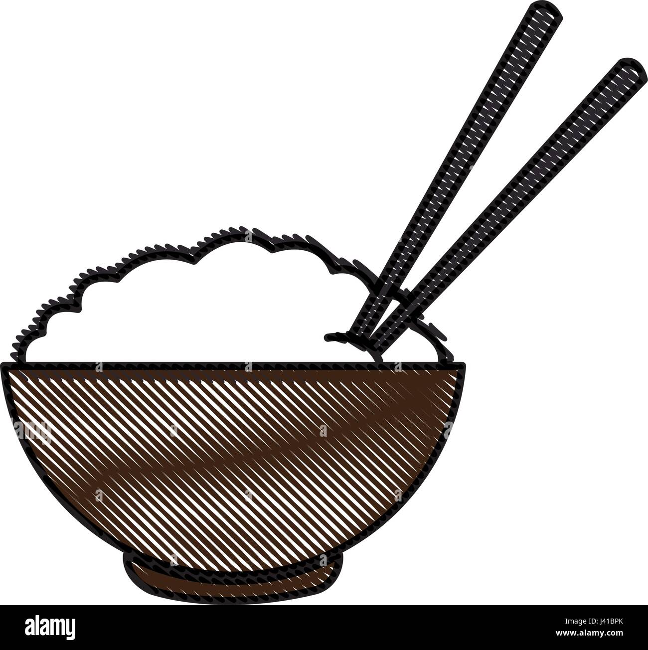 drawing bowl of rice and chopsticks cooked dinner asian Stock Vector