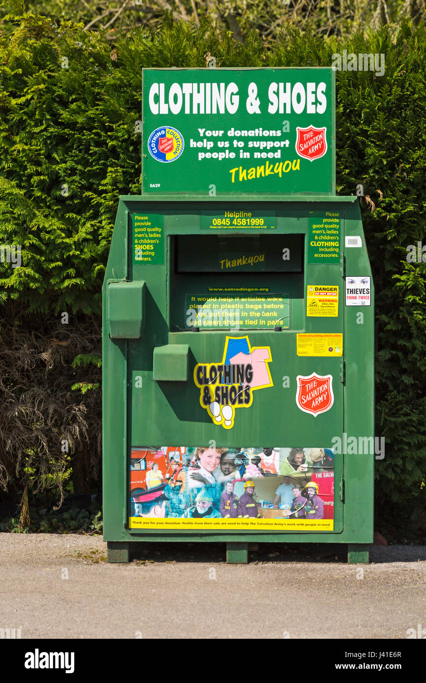 Clothing & shoes recycling bank for the Salvation Army in car park at