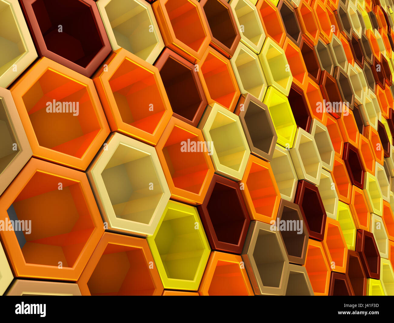 A network of hexagons yellow hue, which change height. 3D render. Stock Photo