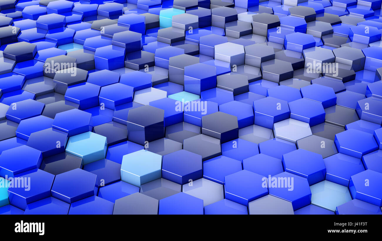 A network of hexagons blue hue, which change height. 3D render. Stock Photo