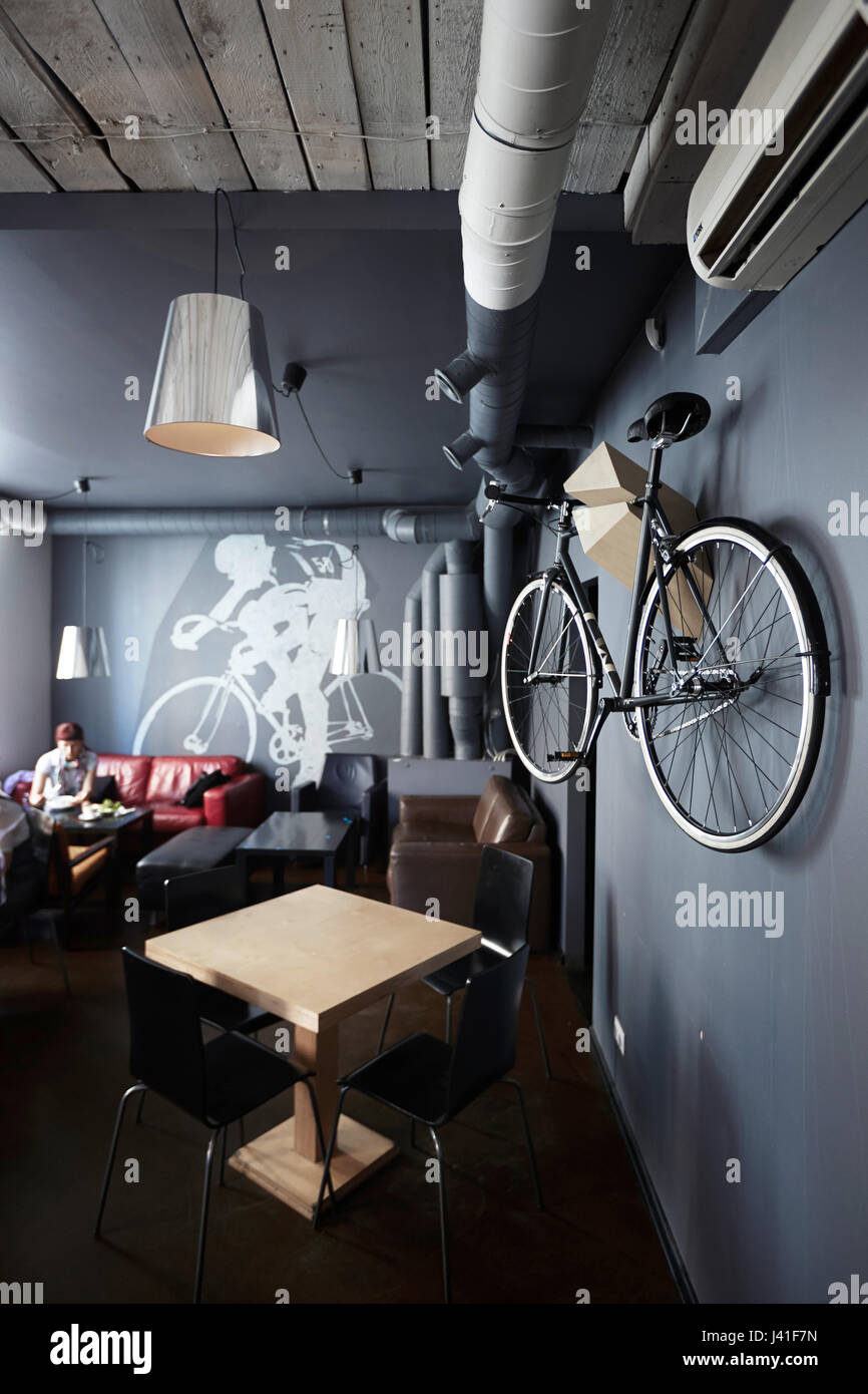 MIIT, Velo Veikals and Kafijas Bars, bike manufacture and cafe restaurant, Lacplesa Iela 10, Riga, Latvia Stock Photo