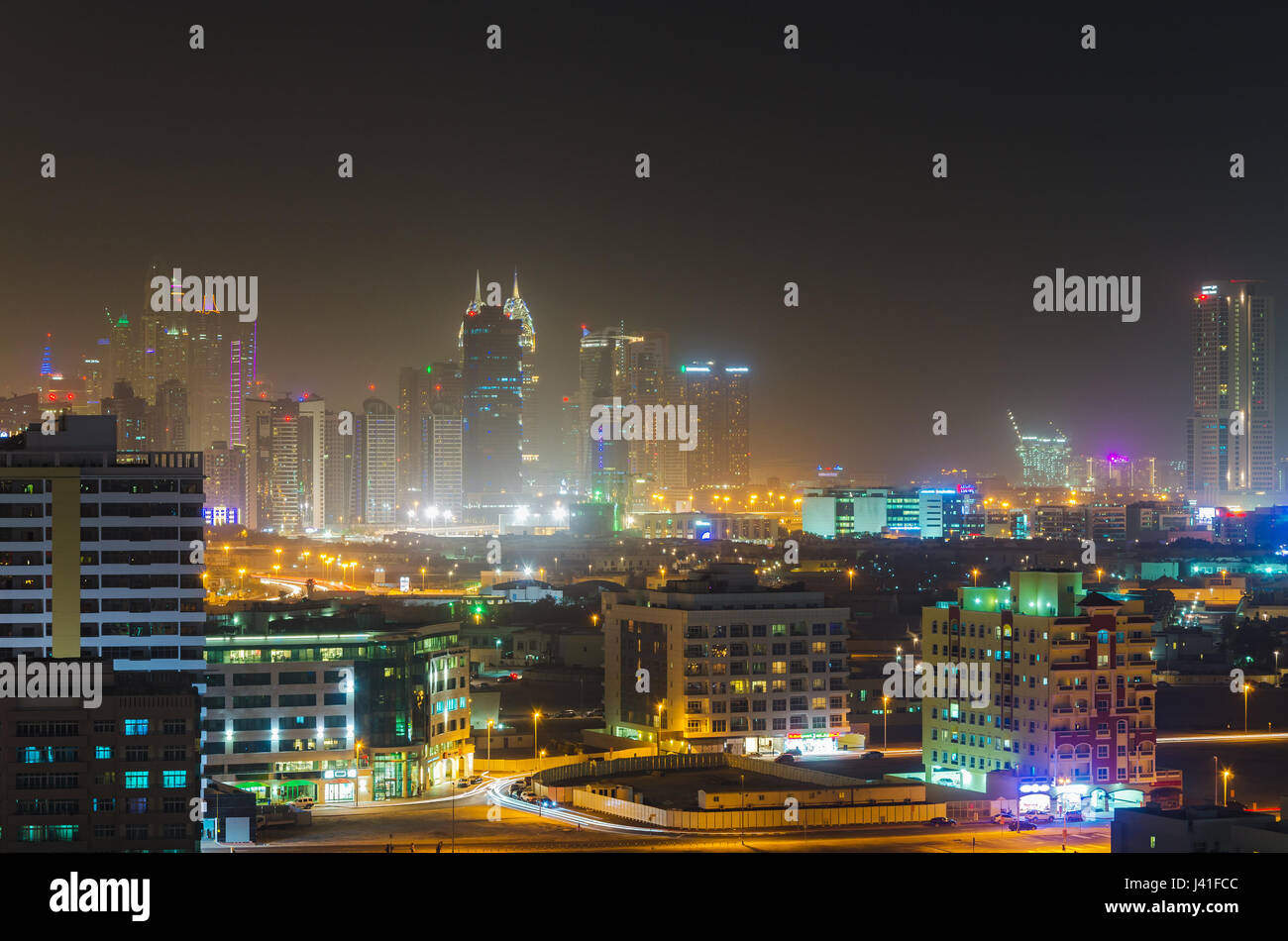 Light of the night city. DUBAI, UNITED ARAB EMIRATES. Stock Photo