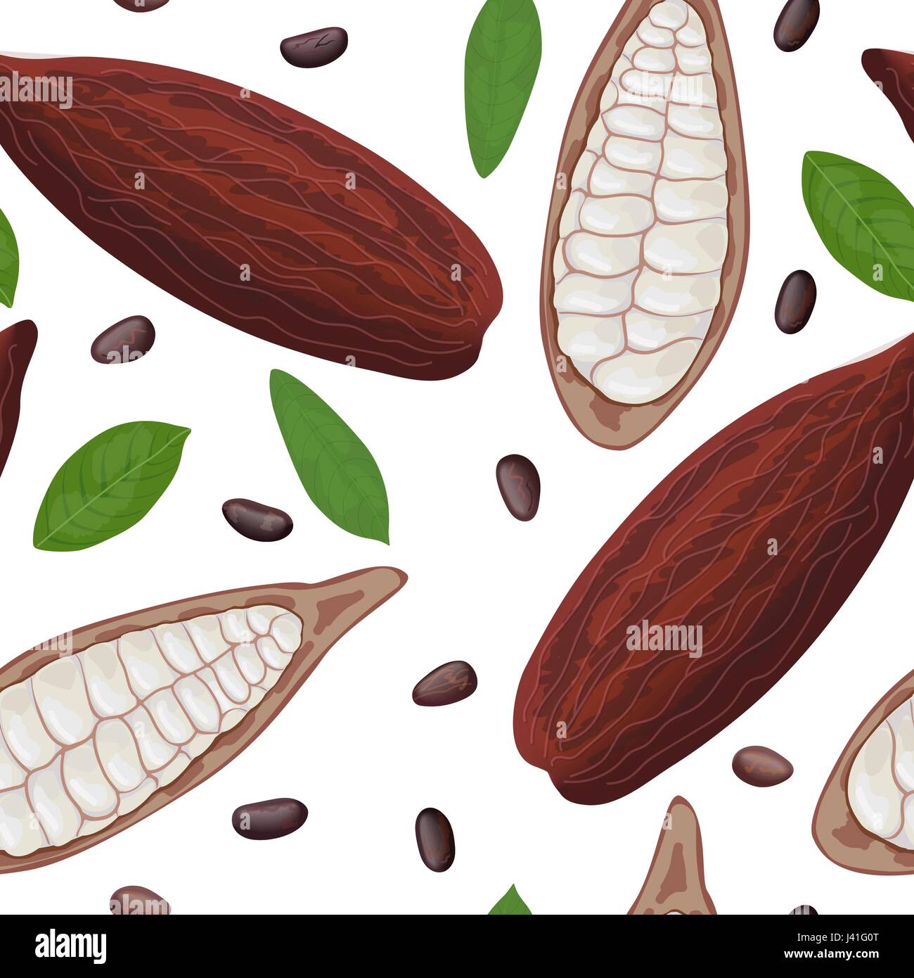 Fresh ripe Cocoa fruit seamless pattern vector. Cacao pod leaves and beans. Chocolate color Stock Vector