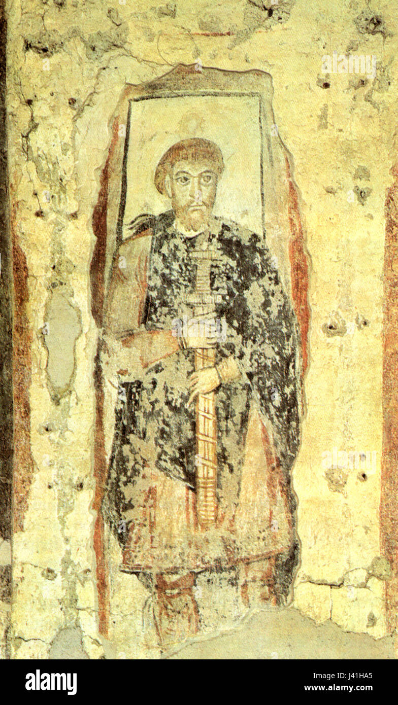 Malles, chiesa di san benedetto, ritratto del fondatore della chiesa, affresco IX secolo Stock Photo