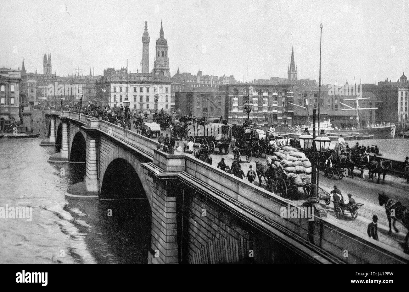 This reference is to a depiction of London Bridge from around 1900, showing the bridge in its historical context. London Bridge has been an iconic landmark in the city of London for centuries. Stock Photo
