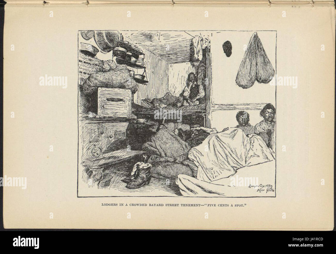 Lodgers in a crowded Bayard Street Tenement Five Cents a spot drawing